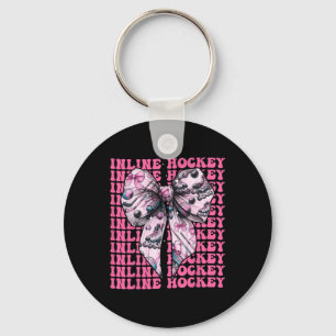 Inline Hockey Player Girl Coquette Bow Pink Ribbon Keychain