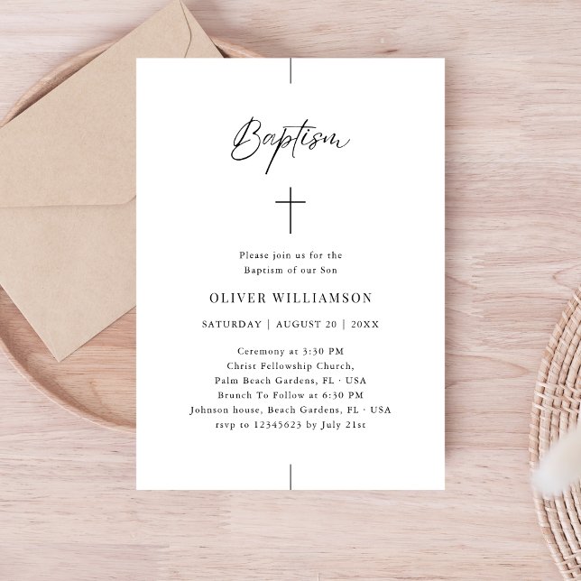 Inline Script Black & White Gender Neutral Baptism Invitation (Creator Uploaded)