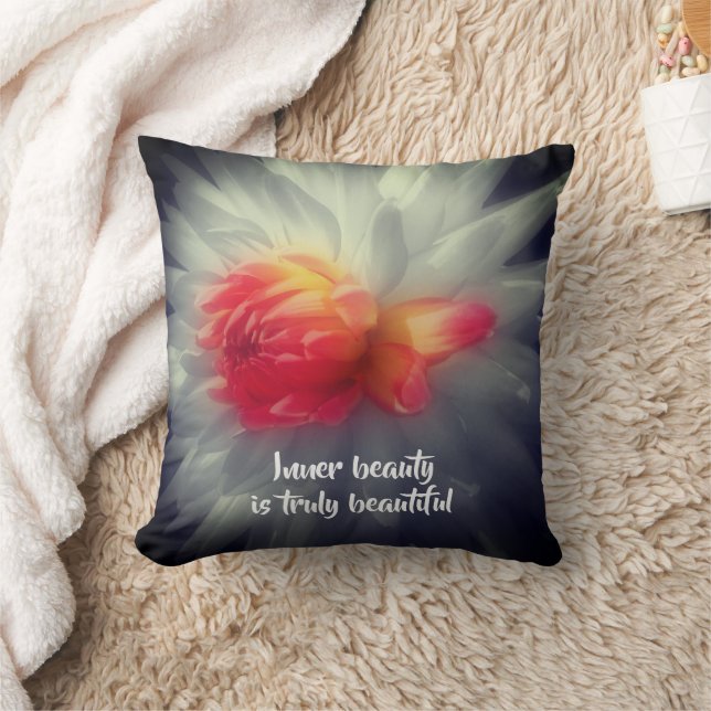 Inner Beauty Dahlia Flower Inspirational Words  Throw Pillow (Blanket)