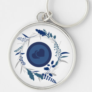 Inner Circle Blue Twin Heart shape Pattern Design Keychain