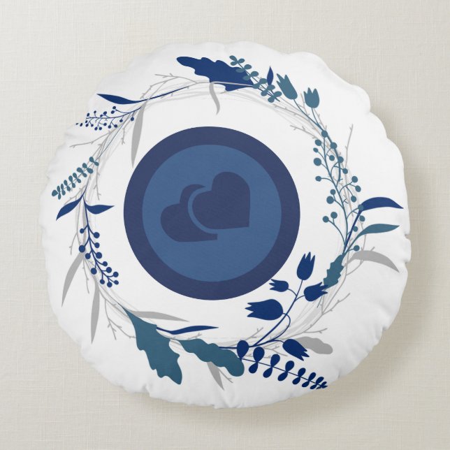 Inner Circle Blue Twin Heart shape Pattern Round Pillow (Front)