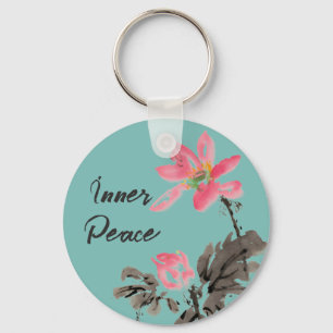 Inner Peace Positive Quote Watercolor Floral Lotus Keychain