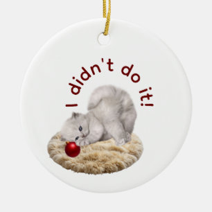 "Innocent" Kitten With Red Christmas Bauble Ceramic Ornament
