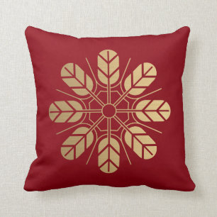Inoue clan kamon in brushed faux gold on red throw pillow