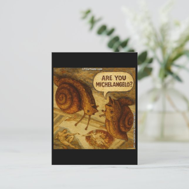 Inquisitive Snail & Michelangelo Parody Cartoon  Postcard (Standing Front)