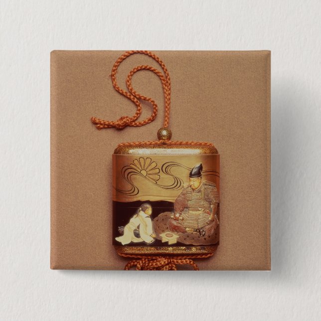 Inro showing a servant kneeling before a 2 inch square button (Front)