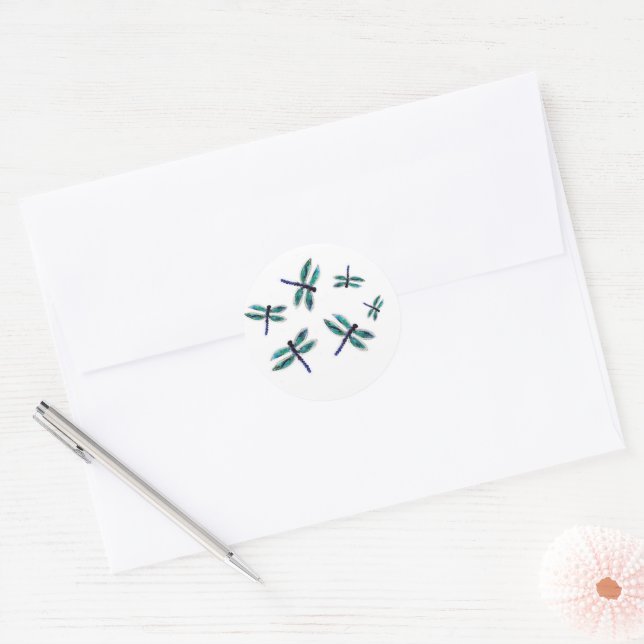 Insect Art Dancing Blue Dragonfly Bugs Classic Round Sticker (Envelope)