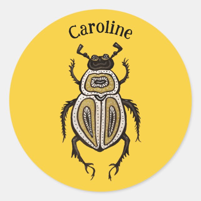 Insect Lover Yellow Decorative Beetle Art Classic Round Sticker (Front)
