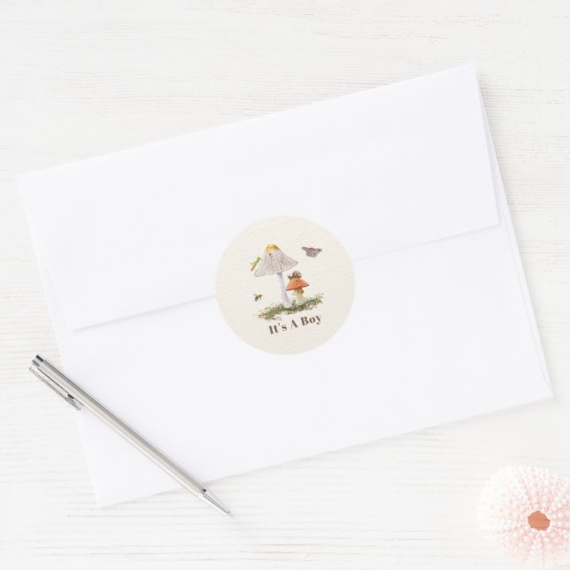 Insects Mushroom Woodland Nature Boy Baby Shower Classic Round Sticker (Envelope)