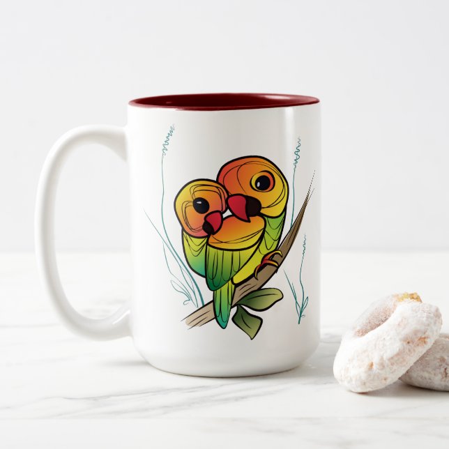 Inseparable Parrots Two-Tone Coffee Mug (With Donut)