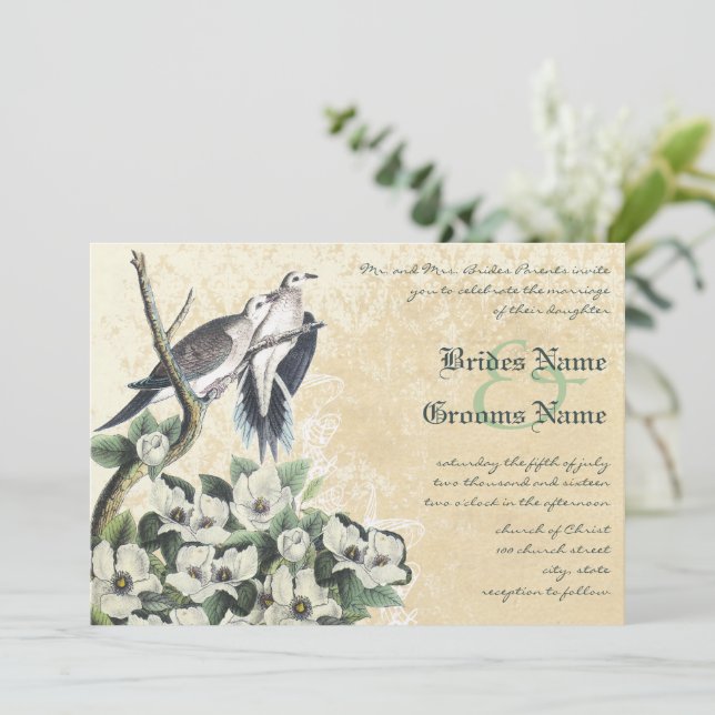 Inséparables Doves et Magnolia Mariage Invitations (Debout devant)