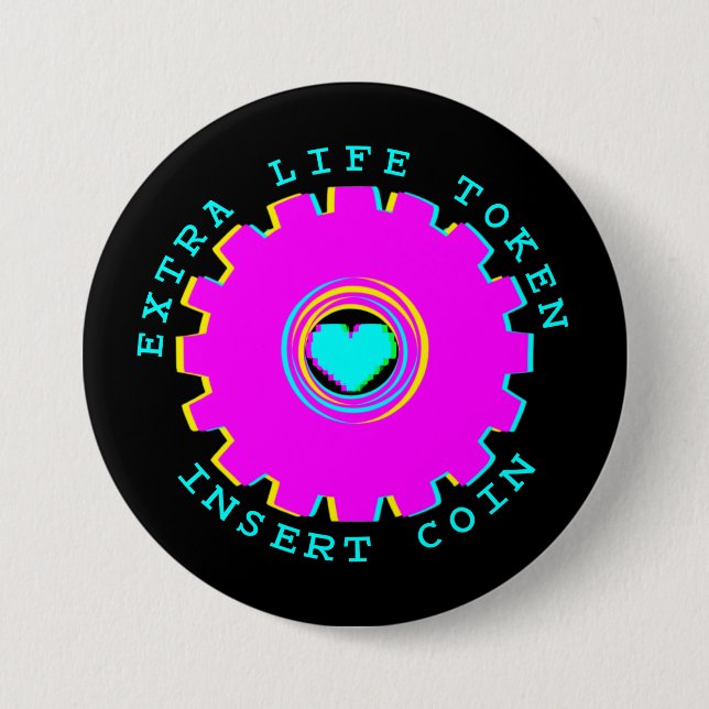 Insert Coin Retro Arcade Extra Life Gamer Heart 3 Inch Round Button (Front)