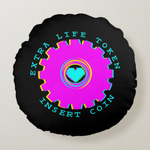 Insert Coin Retro Arcade Extra Life Gamer Heart Round Pillow