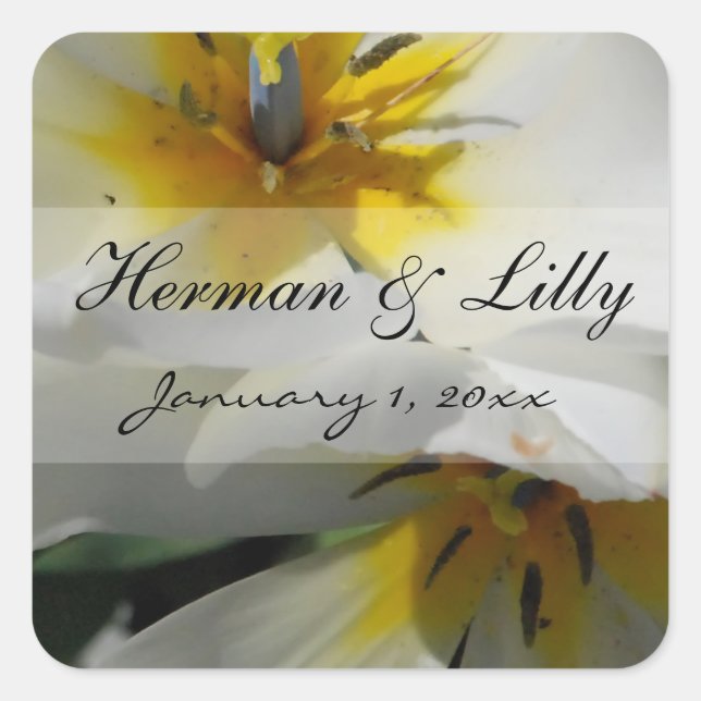 Inside White Lilies Personalized Wedding Square Sticker (Front)
