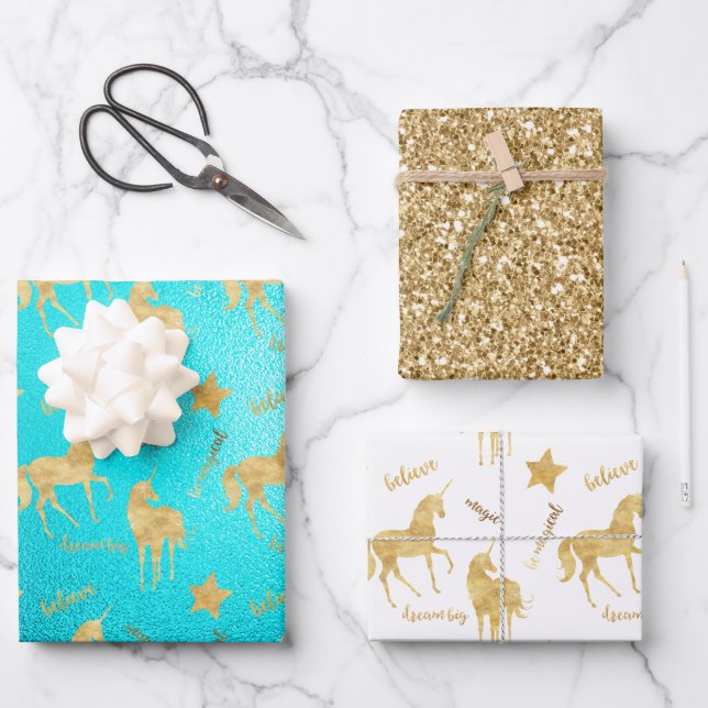 Inspirational Aqua Gold Unicorns Stars    Wrapping Paper Sheet (Front)