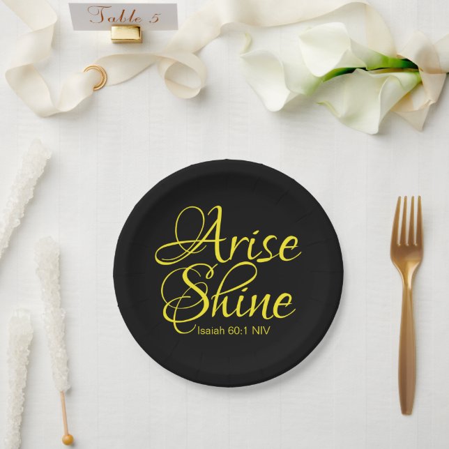 Inspirational Arise and Shine Faith Black Paper Plate (Wedding)
