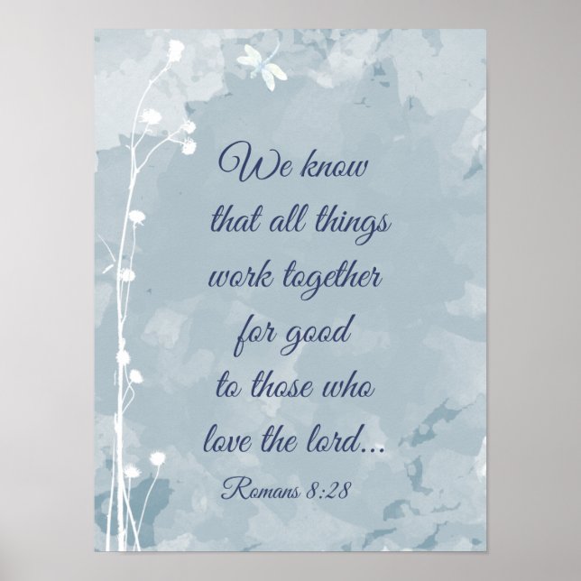Inspirational Bible Romans 8:28 Quote Dragonfly Poster (Front)