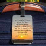 Inspirational Bible Verse Jeremiah 29:11 Christian Luggage Tag<br><div class="desc">For I know the plans I have for you, declares the Lord. Plans to prosper you and not to harm you, plans to give you hope and a future. Jeremiah 29:11 bible verse on a beautiful ocean sunrise photography gift with your personalized name. This custom inspirational quote luggage tag features...</div>
