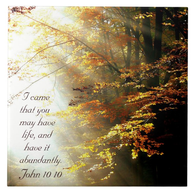 Inspirational Bible Verse John 10 10 Fall Trees Tile (Front)