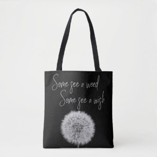 Inspirational black & white dandelion macro photo tote bag