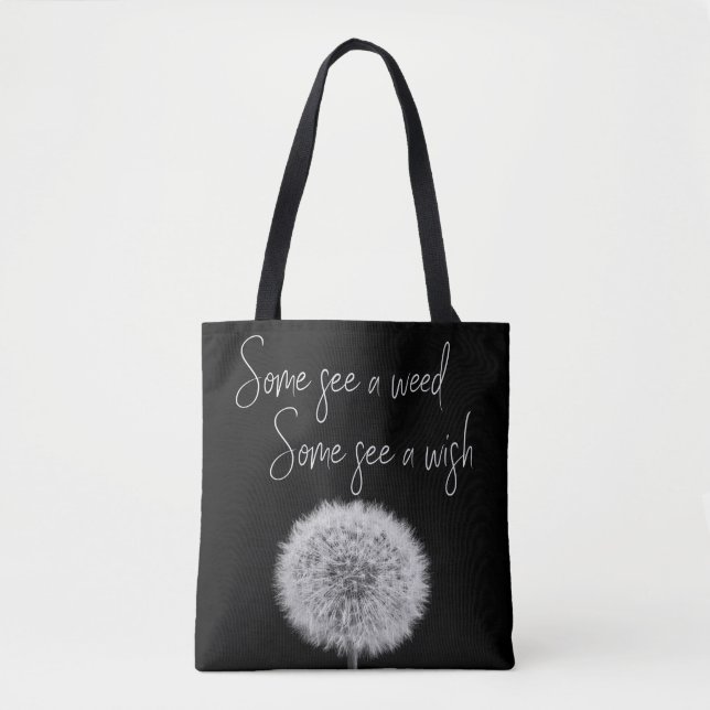 Inspirational black & white dandelion macro photo tote bag (Front)