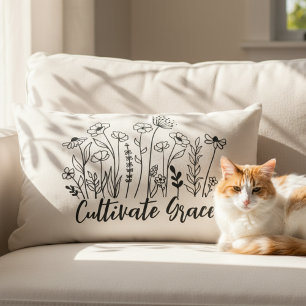 Inspirational Black White Floral Cultivate Grace Lumbar Pillow