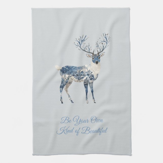Inspirational Blue White Chic Deer Fox Kitchen Towel (Vertical)