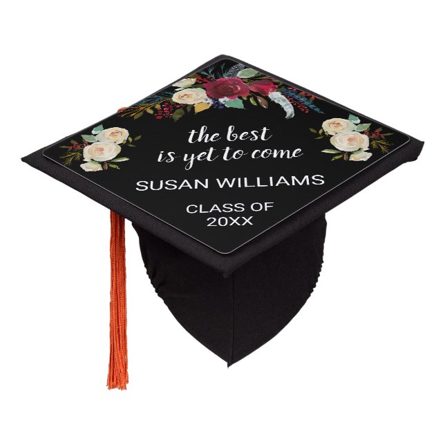 Inspirational Boho Burgundy Cream Floral 2025 Graduation Cap Topper (Angled)