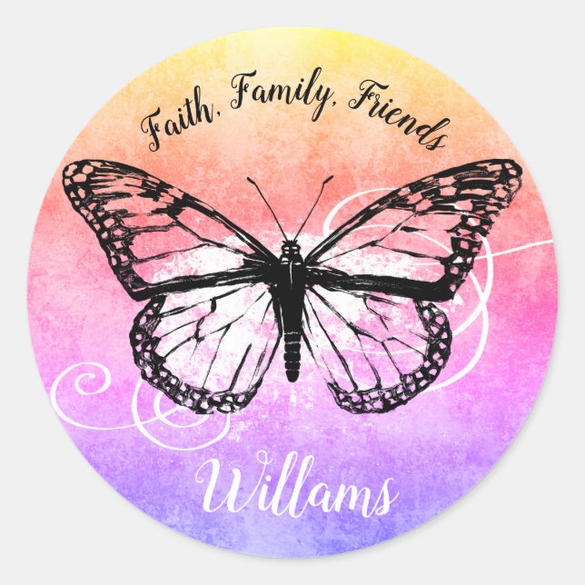 Inspirational Butterfly Rainbow Family Monogram Classic Round Sticker (Front)