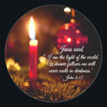 Inspirational Christmas Bible Verse John 8:12 Classic Round Sticker<br><div class="desc">Beautiful Christmas sticker depicts the light of a glowing candle and features Bible Verse John 8:12,  Jesus said,   “I am the light of the world. Whoever follows me will never walk in darkness,  but will have the light of life.” *</div>