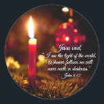 Inspirational Christmas Bible Verse John 8:12 Classic Round Sticker<br><div class="desc">Beautiful Christmas sticker depicts the light of a glowing candle and features Bible Verse John 8:12,  Jesus said,   “I am the light of the world. Whoever follows me will never walk in darkness,  but will have the light of life.” *</div>