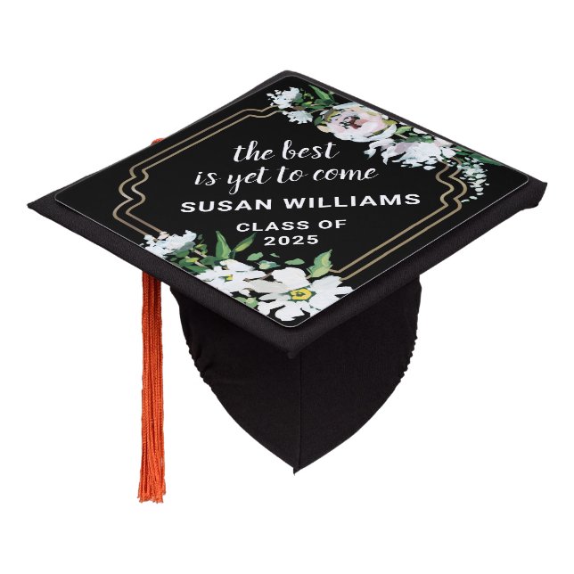 Inspirational Class of 2025 Floral Gold Graduation Cap Topper (Angled)