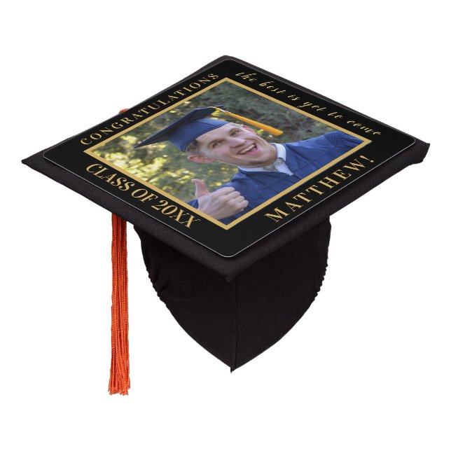 Inspirational Class of 2025 Photo Black Gold Graduation Cap Topper (Angled)
