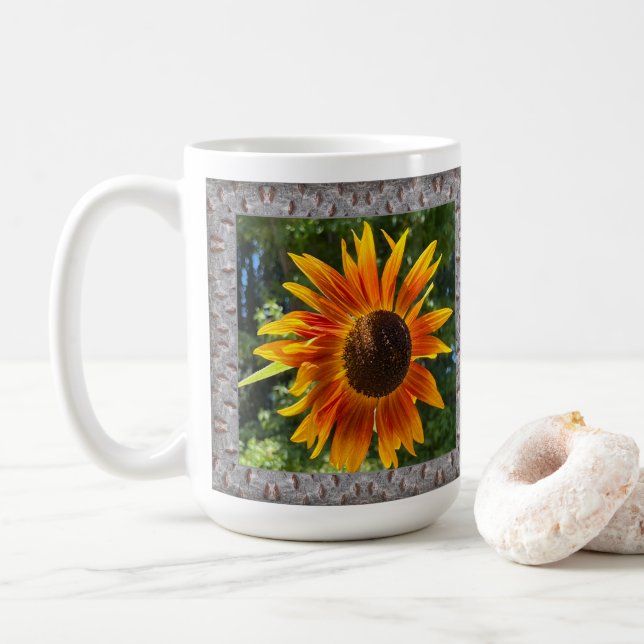 Inspirational Coffee Mug with Cheerful Sunflowers (With Donut)
