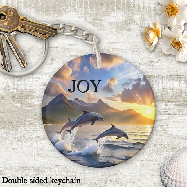 Inspirational Dolphins Sunset Mountains Joy Keychain (Keychain featuring playful dolphins jumping from the ocean at sunset)