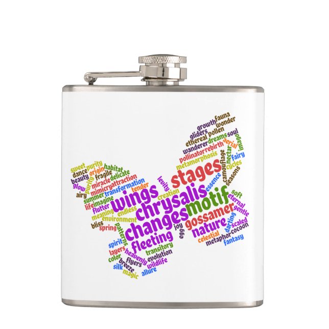 Inspirational Elegant Butterfly Tag Cloud Hip Flask (Front)