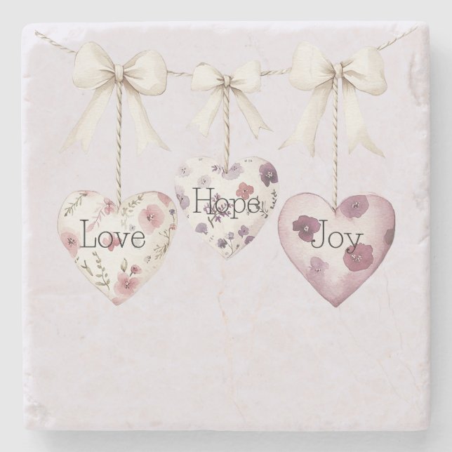 Inspirational Floral Love Hope Joy Hearts Bow Stone Coaster (Front)