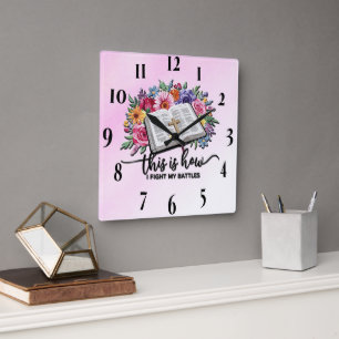 Inspirational Flower/Bible/Cross Scripture Square Wall Clock