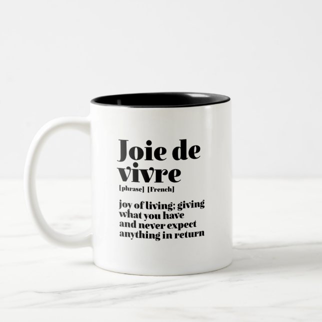 Inspirational French Word Joy of Life Joie Vivre Two-Tone Coffee Mug (Left)