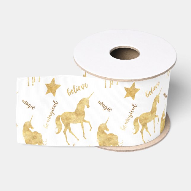 Inspirational Gold Magical Unicorns Grosgrain Ribbon (Spool)