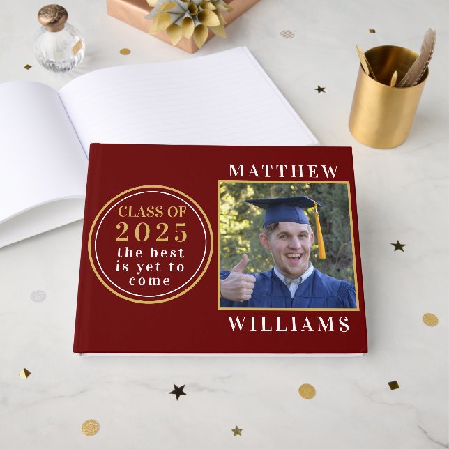 Inspirational Gold Photo Class of 2025 Graduation Guest Book (Front Open)
