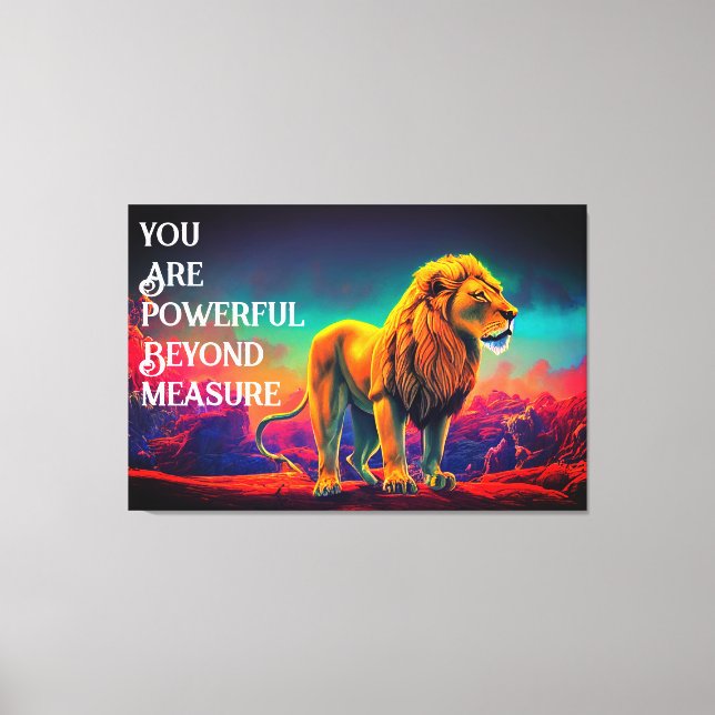 Inspirational Lion Powerful Beyond Measure Quote Canvas Print (Front)
