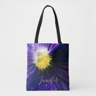 Inspirational purple pansy macro photograph modern tote bag