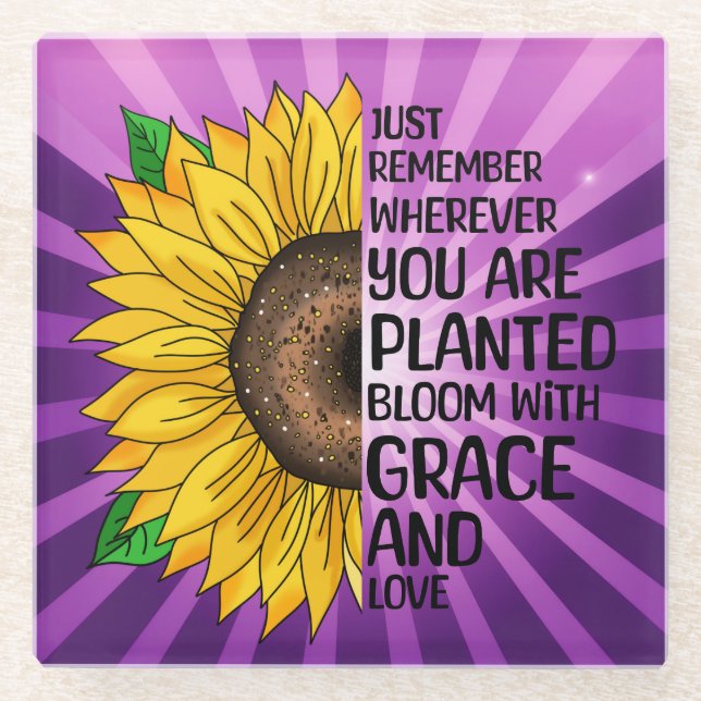 Inspirational Quote and Hand Drawn Sunflower Glass Coaster (Front)