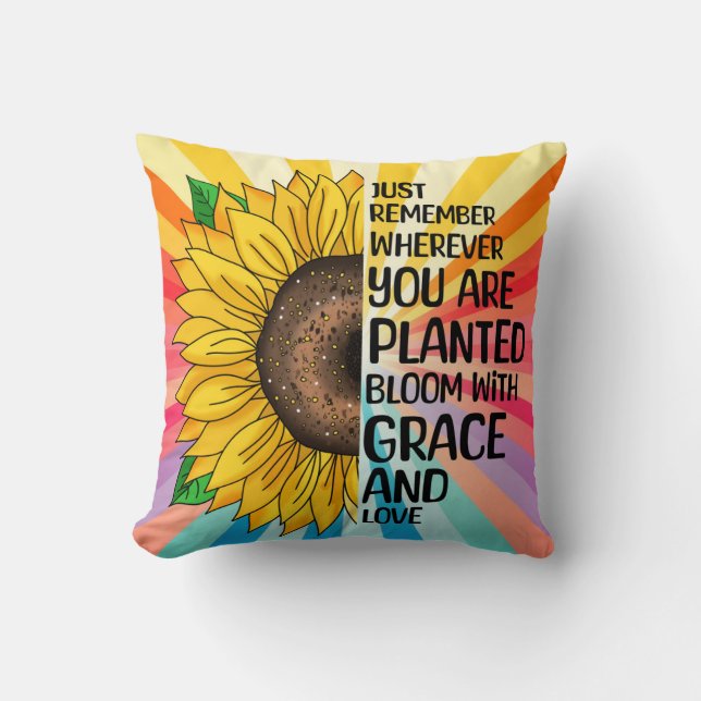 Inspirational Quote and Hand Drawn Sunflower Throw Pillow (Front)