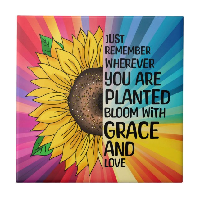 Inspirational Quote and Hand Drawn Sunflower Tile (Front)