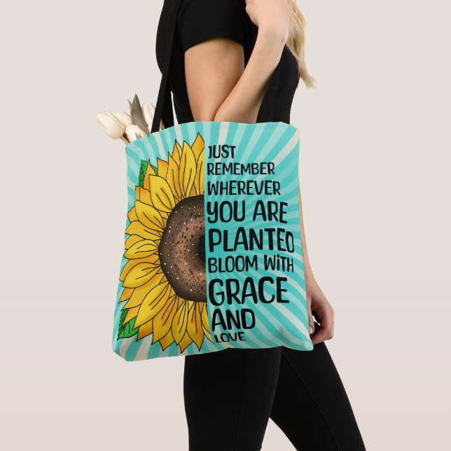 Inspirational Quote and Hand Drawn Sunflower Tote Bag (Close Up)