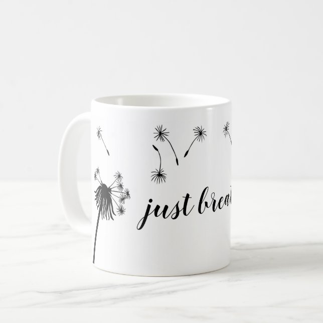 Inspirational Quote JUST BREATHE Blowing Dandelion Coffee Mug (Front Left)