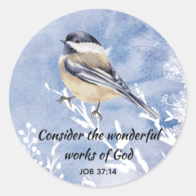 Inspirational Scripture Quote Chhickadee Bird Art Classic Round Sticker (Front)