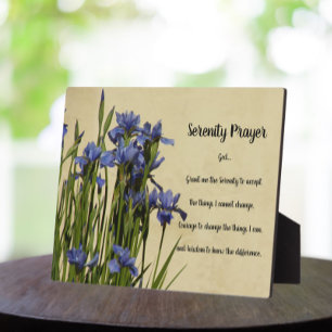 Inspirational Serenity Prayer Blue Irises Floral Plaque